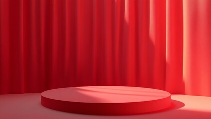 Red cylindrical podium against red curtain backdrop.
