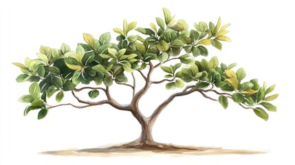 Lush green tree with sprawling branches isolated on white.