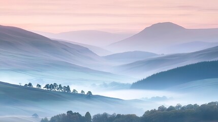 Misty sunrise over rolling hills and valleys, soft pastel colors.
