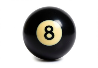 Black number 8 ball used in pool billiard games symbolizing luck chance or misfortune isolated on white background