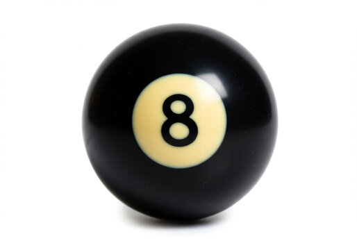 Black number 8 ball used in pool billiard games symbolizing luck chance or misfortune isolated on white background
