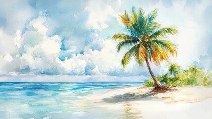 Watercolor palm tree, island, beach, sand isolated on white background. Hand painting on paper. 