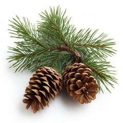 Two pine cones and pine branch isolated on white.