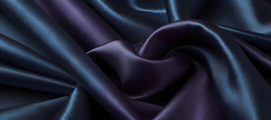 Obraz premium Black drapery silk fabric luxury background. Wavy abstract satin cloth vector texture pattern. Smooth shiny drape material curtain. Elegant velvet curve motion image realistic horizontal design.