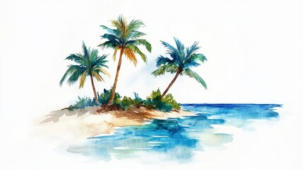 Watercolor palm tree, island, beach, sand isolated on white background. Hand painting on paper. 