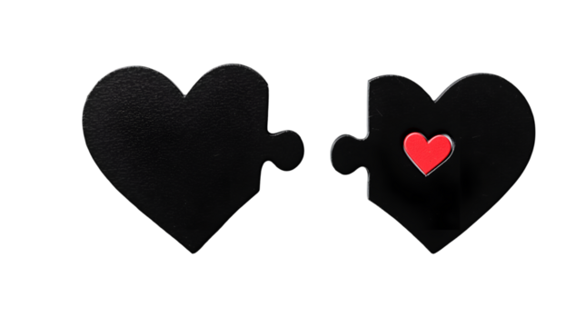 Two Black Heart-Shaped Puzzle Pieces with a Red Heart Cutout Symbolizing Love and Connection
