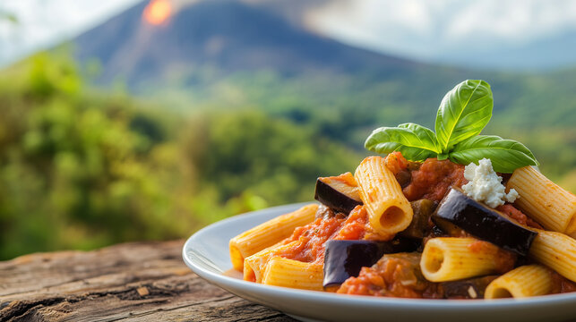 Plate of Pasta alla Norma on a table in front of Mount Etna, traditional cuisine of Sicily