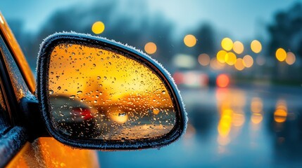 Frosty morning close-up of ice on car mirror urban environment macro photography winter scene reflective viewpoint