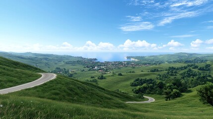 Obraz premium Coastal Town nestled in Green Hills