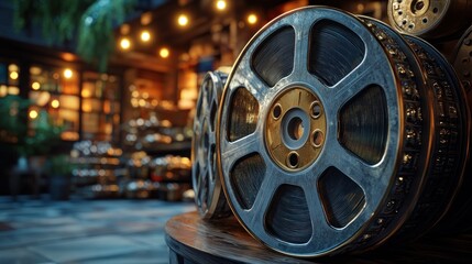 Obraz premium Vintage film reels shop display, night