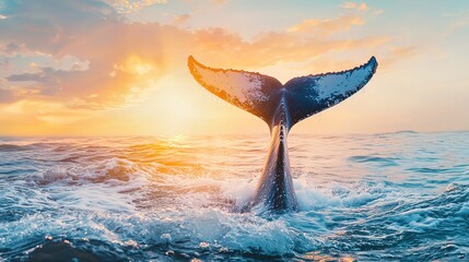 Fototapeta premium Whale tail fluke rising from ocean during vibrant sunset.