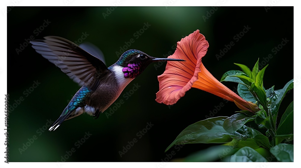 Wall mural Colorful hummingbird hovering near vibrant orange flower in lush green garden setting