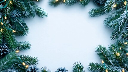 Frosted pine branches with lights, Christmas frame