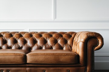 Brown leather Chesterfield sofa against white wall. (2)