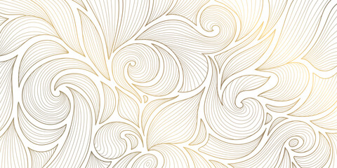 Vector art deco floral pattern, wavy luxury golden line background. Leaves texture, line design for interior, textile, poster, package, wrappers, gifts.