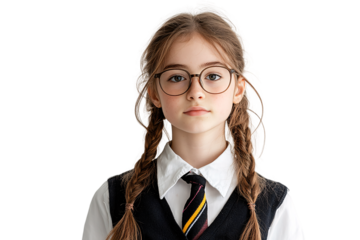 A young girl wearing glasses and school uniform isolated on transparent background