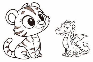 Obraz premium cute dragon and cute baby tiger. Coloring page. Coloring book. Drawing of cute dragon and cute baby tiger isolated on a white background. Vector outline