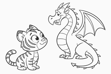 cute dragon  and cute baby tiger. Coloring page. Coloring book. Drawing of cute dragon  and cute baby tiger  isolated on a white background. Vector outline