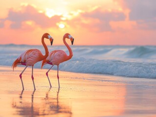Naklejka premium Flamingos walking on the beach at sunset tropical paradise nature photography serene environment vibrant colors wildlife beauty
