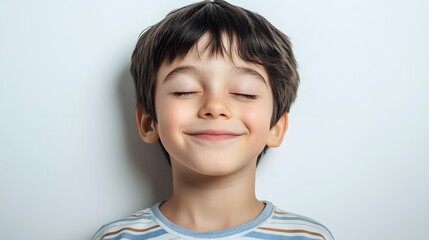 11. A boy with dark hair, wearing a striped shirt, smiling happily with his eyes closed on a white background
