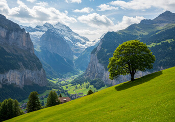 Idyllic tree on a lush green hill in Jaun Switzerland with Alpine peaks under a partly cloudy summer sky