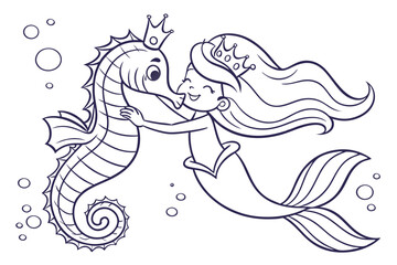 Mermaid hugs seahorse . Coloring page. Coloring book. Drawing of Mermaid hugs seahorse  isolated on a white background. Vector outline