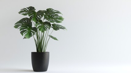Monstera deliciosa plant in a black pot against a white background.