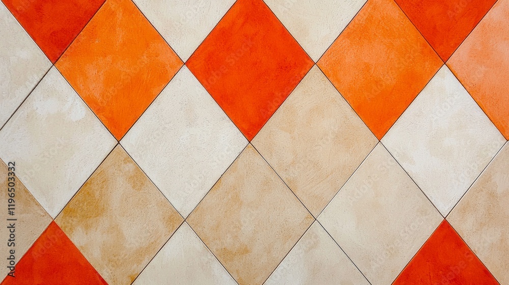 Poster interlocking diamonds in shades of bold orange and soft neutrals form a striking geometric pattern, 