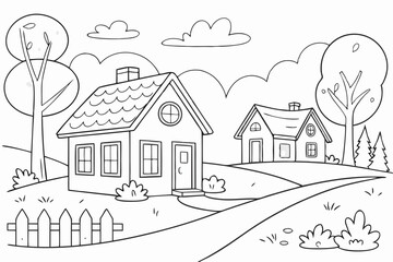 landscape houses . Coloring page. Coloring book. Drawing of  landscape houses isolated on a white background. Vector outline