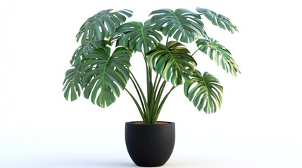 Obraz premium Lush green Monstera deliciosa plant in a dark gray pot, isolated on white background.
