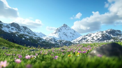 Scenic mountain landscape with flowers and snow-capped peaks.