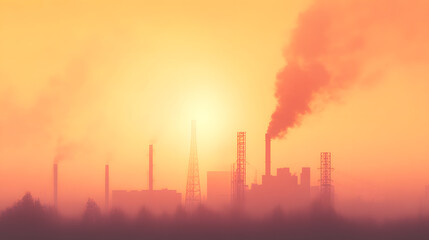 Obraz premium An industrial zone on the outskirts of a city engulfed in a swirling haze of dust and smog. Smoke from chimneys mixes with PM2.5 particles, forming a dense, oppressive cloud that dulls the natural