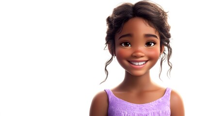 25. A girl with a radiant smile, wearing a purple dress, standing on a white background