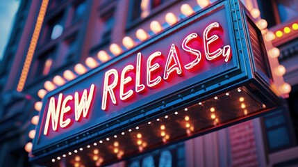 A movie theater marquee showing the words "New Release," highlighting the latest film premiere.