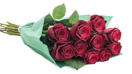A bouquet of dark red roses in emerald paper isolated on a white background