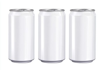 Three blank white aluminum soda cans isolated on white background.