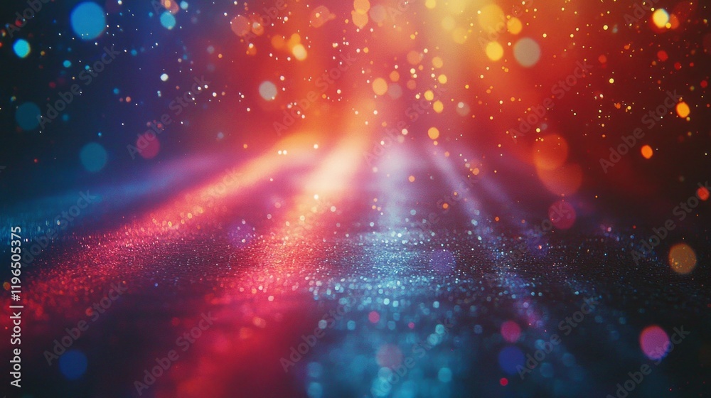 Poster Striking light leaks collide in a spectrum of colors, casting a mesmerizing glow on a dark surface. The blend of hues and shimmering particles evokes a sense of magic
