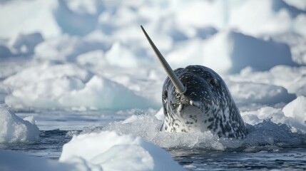 A narwhal breaking through Arctic ice, its tusk visible.