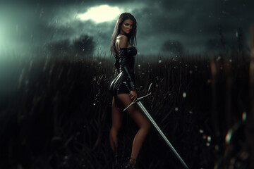 Obraz premium Beautiful young woman in a medieval dress with a sword in her hands on a forest background.