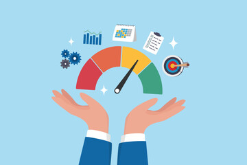 KPI key performance indicator, success benchmark or measuring goal achievement, metric or comparison standard, winning target dashboard concept, businessman hand with KPI performance gauge scale.