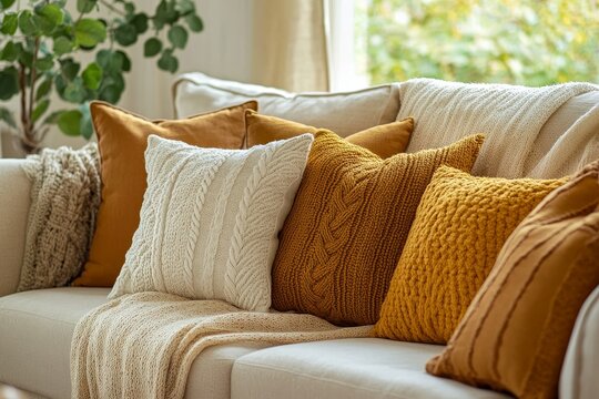 Cozy autumn living room sofa with textured throw pillows and blanket.