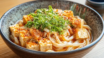Savor Vegan Plant-Based Udon Noodles with Tofu in a Cozy Setting