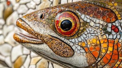 Fototapeta premium Artistic close-up of a brown trout, focusing on its intricate speckled patterns and vibrant eye detail on white