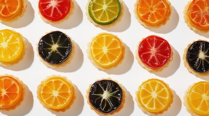 Assorted mini fruit tarts topped with sliced fruits and a shiny glaze on a clean white background