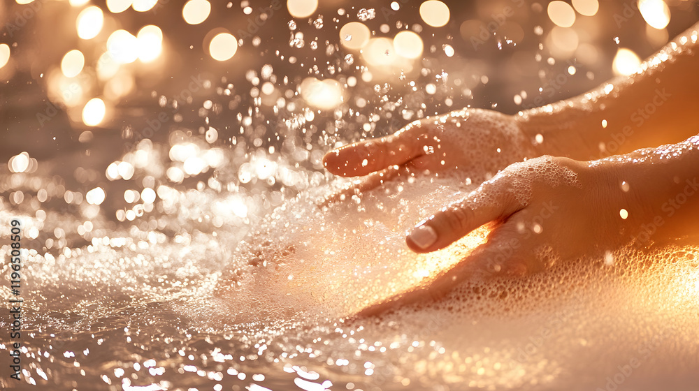 Poster a serene close-up of hands interacting with water, creating a splash and surrounded by shimmering li