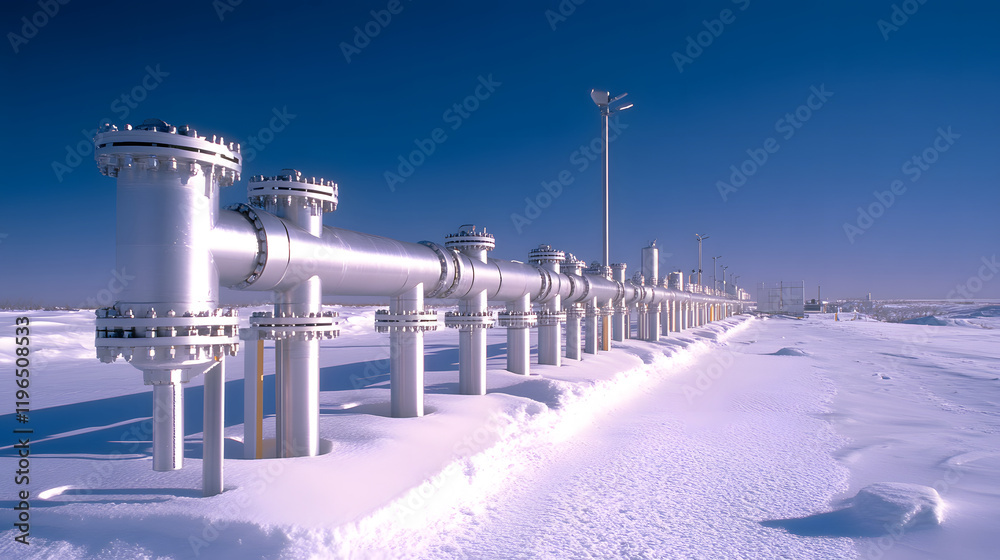 Poster a snowy landscape featuring a long pipeline with metallic structures under a clear blue sky