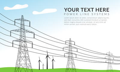 High voltage electric transmission tower, Power line system, electricity pole, Energy pylon, Wind turbine, Network of interconnected electric. City electricity infrastructure on green field landscape
