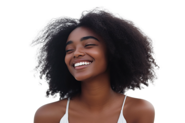 Laughing woman with curly hair isolated on transparent background