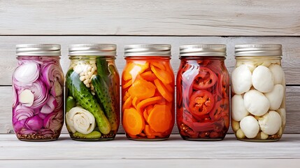 A vibrant assortment of pickled vegetables in glass jars, showcasing colorful layers of onions, cucumbers, carrots, tomatoes, and mozzarella balls against a rustic wooden background.
