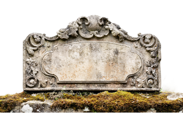 An old, weathered tombstone with ornate carvings on a mossy ground, isolated against a transparent background